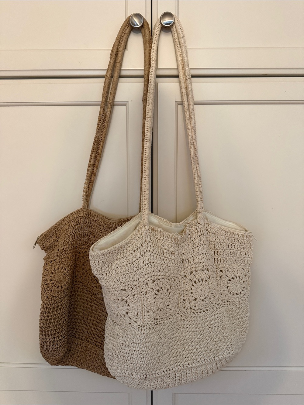 2 Handwoven Crochet Tote Bags - Cream and khaki, zipper